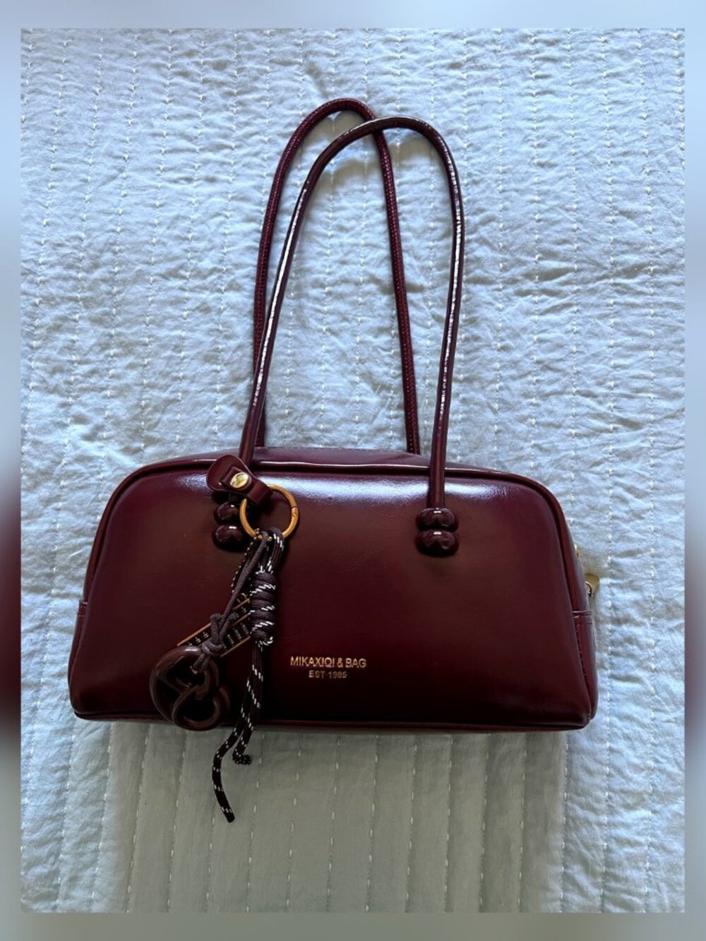 Burgundy Faux Leather Shoulder Bag with Gold Hardware